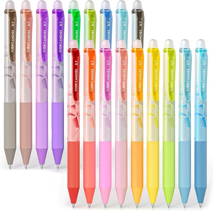 Four Candies Retractable Erasable Gel Pen, Fine Point, 0.7mm, 18 Colors | Make Mistakes Disappear, Vibrant Assorted Color Erasable Pens for Writing, Planners & Crossword Puzzles