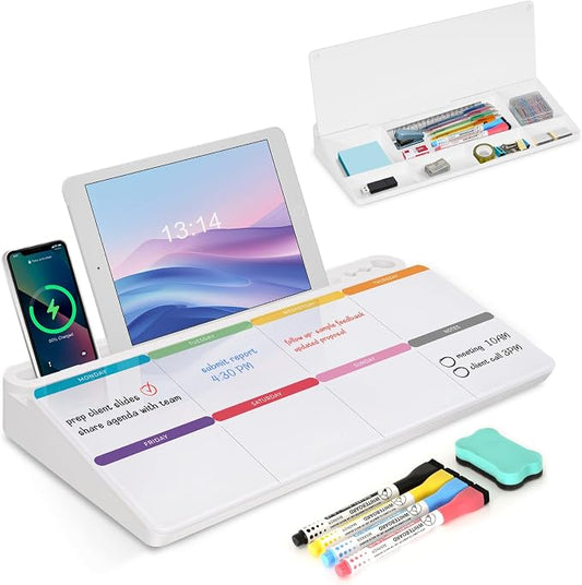 Desktop Glass Whiteboard with Storage, Weekly Calendar Desk White Board | Computer Keyboard Stand, Office Desk Organizers and Accessories with Drawer, To Do Memo Notepad, Home School Supplies
