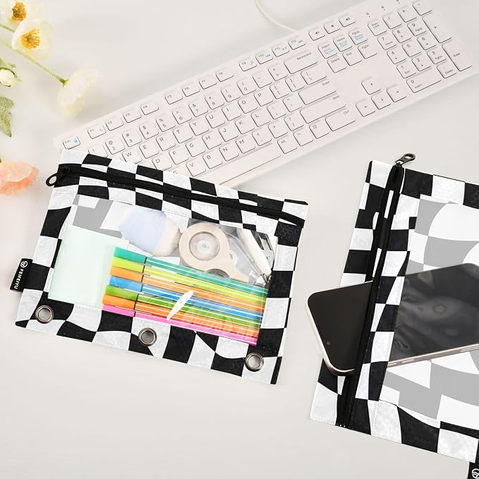 Gredecor 3 Ring Binder Pencil Pouch, Wavy Checkered Zippered Pen Case Pouches with Clear Window, 2 Pack Stylish Office & School Supplie