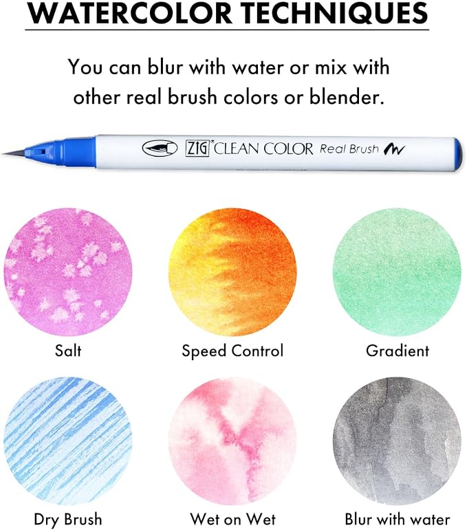 Kuretake ZIG Clean Color Real Brush Pens, 6 Colors with Flexible Brush Tips, Watercolor Pens for Painting, Drawing, Calligraphy and Brush Lettering for Artists and Beginner Painters, Made in Japan