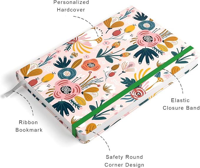 Lined Journal Notebook, Hardcover Journal for Women, Medium 5.7 x 8.4 in, 160 Pages Thick Paper, Cute Aesthetic Floral A5 Ruled Notebook for Writing Journaling Work School Office, Pink Flowers