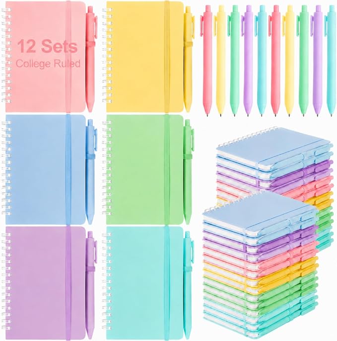 Fulmoon 12 Set Small Spiral Notebooks A6 with Pens Bulk, Multicolor 4" x 6" Pocket Notebooks Mini Lined Journals 50 Sheets for Back to School Supplies Students Rewards Office Gifts (Dream Pastels)