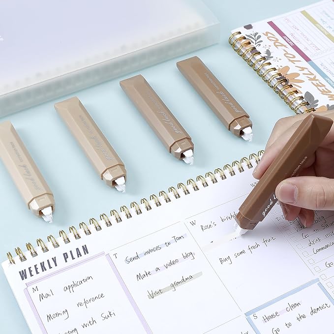 Temiary 5 Pcs White Correction Tapes, Aesthetic Correction Tape Pens Smooth Pull Out, Easy to Use Pen Shaped Applicator for Students School Office Supplies (Coffee)