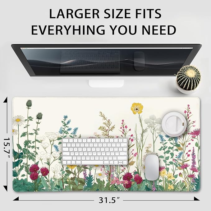 Wildflower Garden Large Gaming Mouse Pad 31.5"x15.7"｜ XXL Desk Mat, Non-Slip Rubber Base & Stitched Edges - Extended Waterproof Mousepad for PC/Laptop/Office/Home Decor