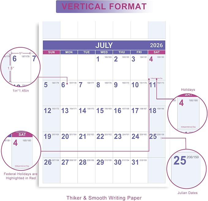 2026-2027 Yearly Wall Calendar - Calendar 2026-2027, July 2026 - June 2027 | Large Wall Calendar 26-27, 34.8"" x 22.8""(Open), Full Year Calendar Large, One Page Vertical with Round Stickers - Purple