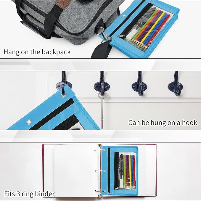 YoeeJob 2 Pack 1 Inch Expandable Zipper Pencil Pouches with Clear Window for 3 Ring Binder, Suitable for School & Office(Sky Blue)