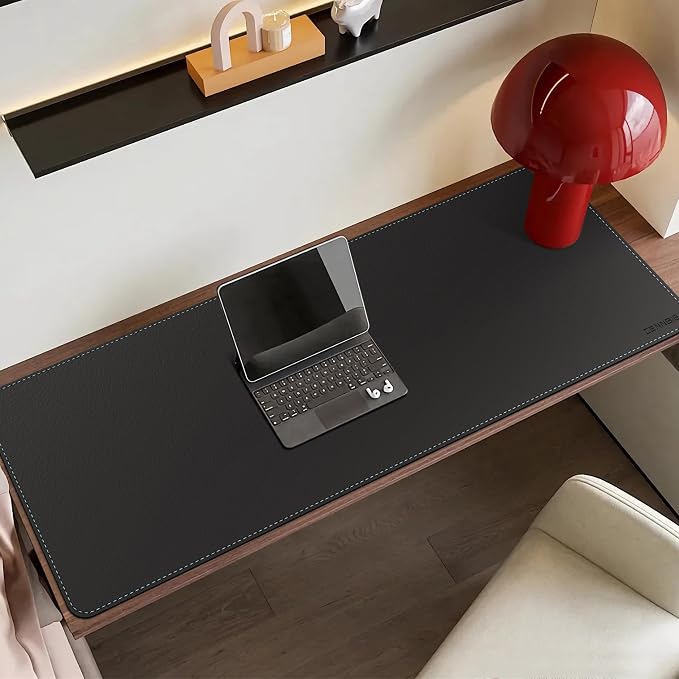 CENNBIE Leather Desk Mat Large, 43.6" x 23.6" Extended Mouse Pad (Black) | Premium stitched edges resist wear. Easy to clean. Protects desk from spills, stains ,scratches. Smooth glide. Office & home.