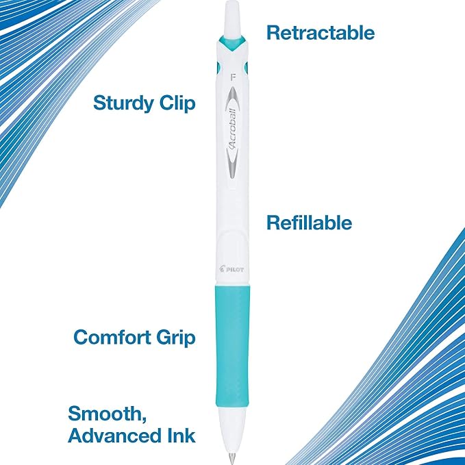 Pilot Acroball PureWhite Advanced Ink Refillable & Retractable Ball Point Pens with Assorted Accents, Fine Point, Ballpoint Pens, Black Ink, 0.7mm, 14-Pack