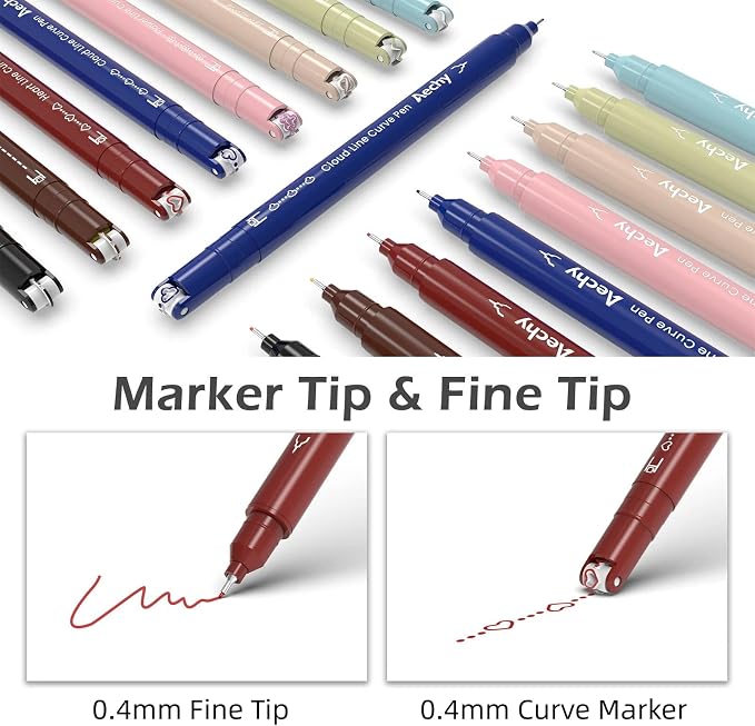 AECHY Dual Tip Curve Highlighter Pens,8 Colors Pattern Roller Fine Tip Pens | Creative Journaling Pens with Unique Curve Designs,Colored Markers for Note Taking,Drawing,Scrapbooking,School Supplies,Gifts