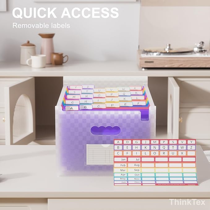 ThinkTex 26 Pockets Expanding File Folders, Accordion File Organizer | Monthly Bill Receipt Documents Organizer, A-Z Colorful Tabs, Letter/A4 Size for Classroom Office Home Hospital - Purple