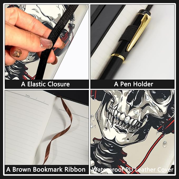A5 Leather Lined Journal Notebook, 200 Pages Hardcover Executive Notebook for Men Women Office School Note Taking, Thick Writing Paper Daily Journal with Bookmarks/Indexes,Skeleton Skull