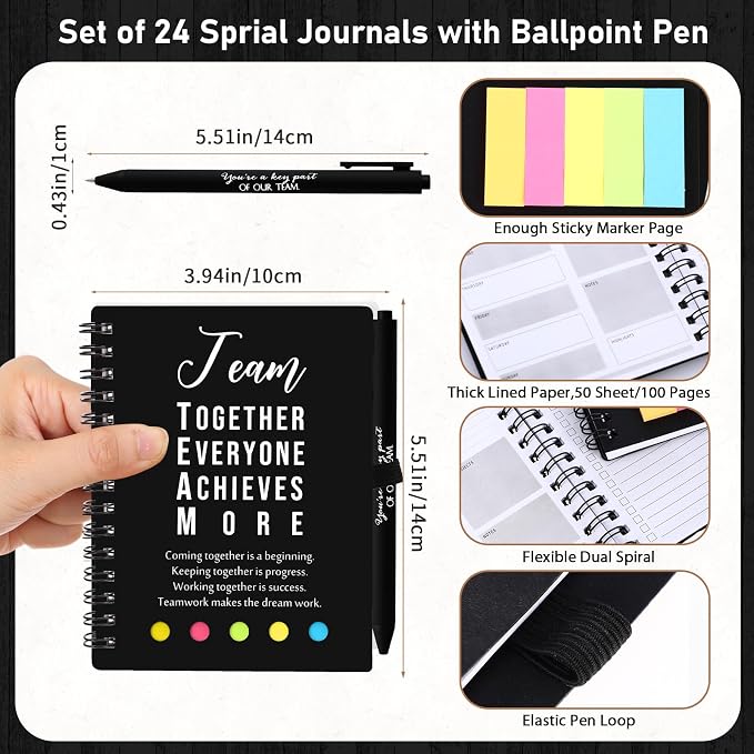 Resurhang 48 Pcs/24 Set Back to School Gifts for Students Teacher, Inspirational A6 Spiral Journal Notebook with Pen for Employee Team Teachers Students Classroom Rewards(Black,Team Together)