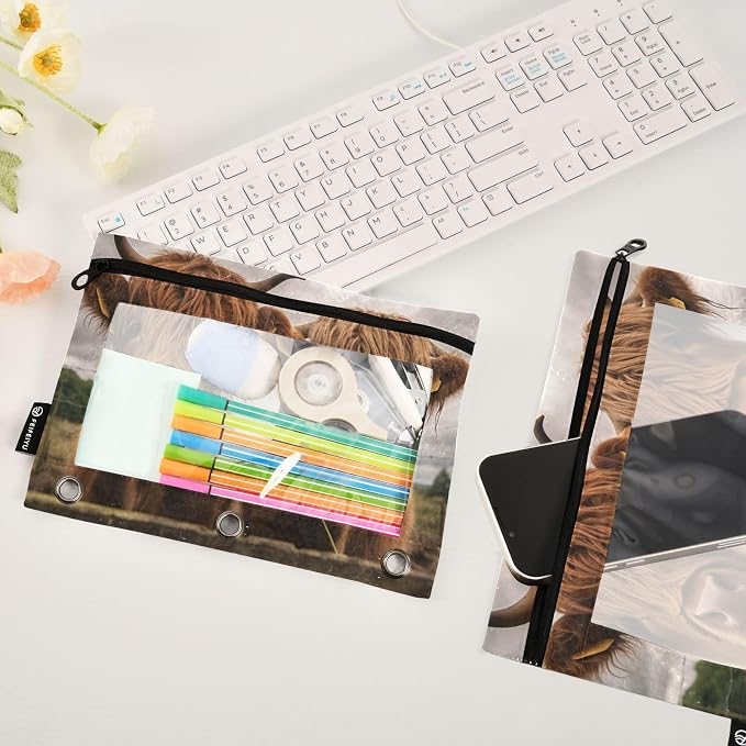 Funny Scottish Highland Cattle Cows Pencil Pouch Fits standard 3-ring binders, Zipper Binder Pencil Bag with Clear Window for Class Office 2 Pack