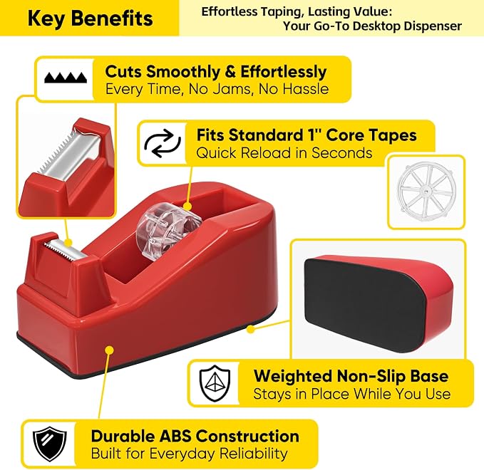 Desktop Office Tape Dispenser, Fits Standard 1-Inch Core Tapes, Weighted Non-Slip Base, Sharp Metal Blade, Smooth Cutting, Adhesive Roll Holder for Office, School, Shop, Home & Business - Red