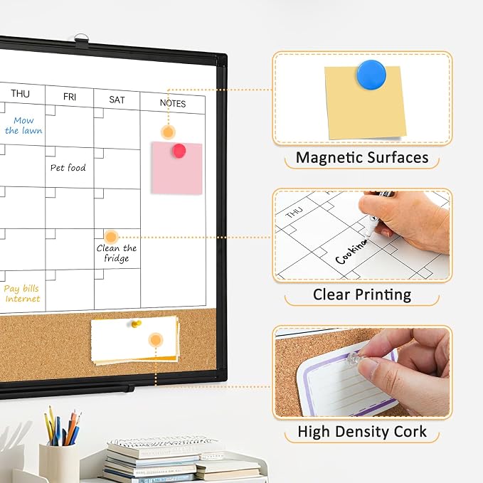 Monthly Dry Erase Calendar Whiteboard with Corkboard, 24" x 18", Black | Magnetic, White Board Cork Board Combo, Double Sided, Wall Mounted, Aluminum Frame, for Home, Office, Kitchen, Dorm