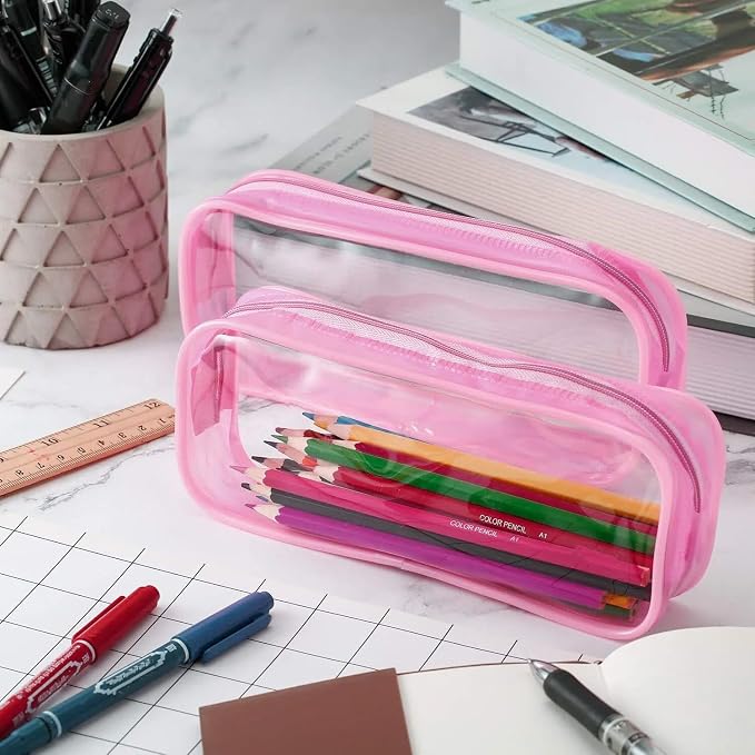 Tatuo 4 Pieces Clear PVC Bags Big Capacity Zipper Pencil Pouch Case Travel Luggage Makeup Cosmetic Bag(Pink)