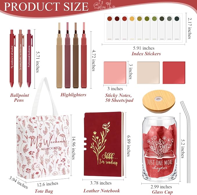 Havawish 14 Pcs Book Lovers Gift for Women 16 oz Glass Cup Tote Bag A6 Journal Notebook Pens Highlighters Sticky Notes Back to School Teacher Librarian Bookish Book Club(Red,Aesthetic)