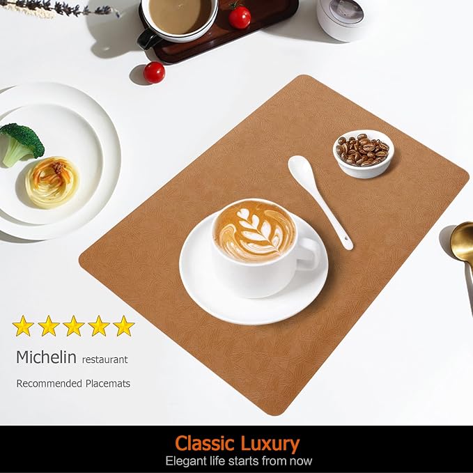 Brown Plastic Placemats Set of 6, Faux Leather Waterproof Table Mats | Brown Vinyl placemats,Wipeable and heat resistant table mats.Easy to clean,great for indoor and outdoor