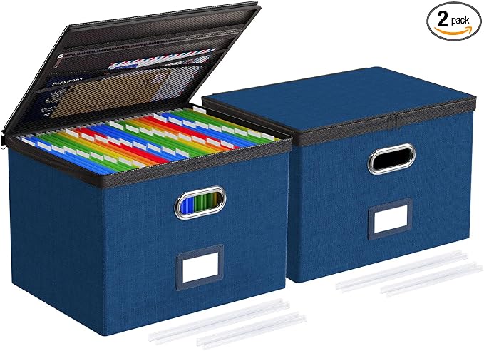 Oterri File Box Large 2-Pack Hanging Organizer for Letter/Legal-Size Folder | Dustproof Lid. 3 Mesh Pockets. Collapsible Scratch-Resistant GRS Linen. Slide Rails. Office, Home, Dorm