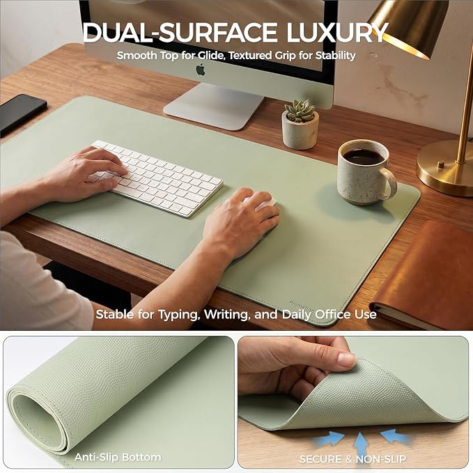 Large Desk Pad Non-Slip Desk Mat Protector for Keyboard Mouse Waterproof Vegan Leather Surface Faux Leather Laptop Mat Smooth Mouse Pad Premium Gift Tube Matcha Green 31.5" x 15.7"