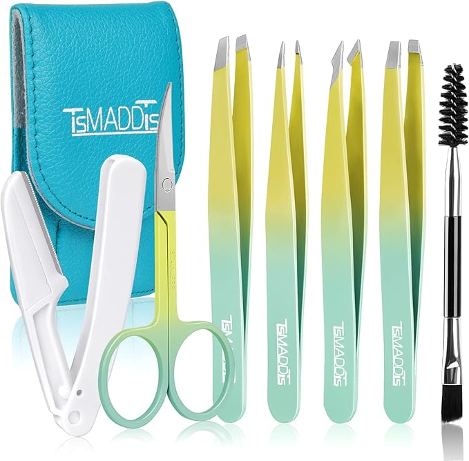 TsMADDTs 7 pcs Tweezers Set for Women Facial Hair, Precision Tweezer for Eyebrows with Curved Scissor and Eyebrow Razor for Ingrown Hair, Yellow&Green