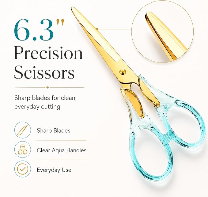 Aesthetic Blue Transparent Acrylic Scissors, 6.3" Craft Shears with Gold Sharp Stainless Steel Blades for Home Office & School, Cute Stationery Tools for Scrapbooking & Gift Wrapping