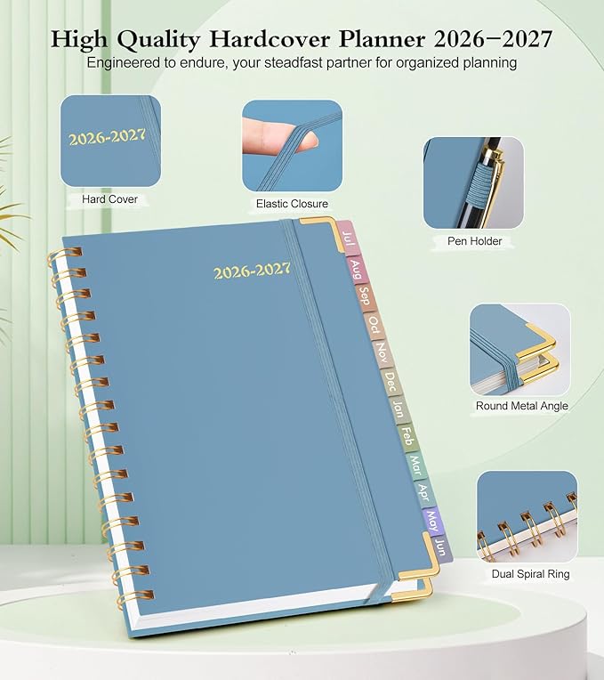 Academic Planner 2026-2027, Hardcover Weekly and Monthly Calendar Planner from July 2026 - June 2027, Daily Agenda Planners with Tabs, College School Organizer for Student Teacher, A4 (8.5" x 11"), Dusty Blue