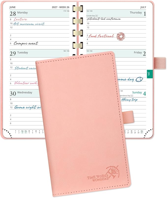 POPRUN 2027 Pocket Planner (Slim 3.5'' x 6.5'') Weekly and Monthly Calendar | 2027 Pocket Calendar(Jan - Dec) Appointment Book with Hourly Time Slots, Monthly Tabs, Spiral Leather Cover - Pink