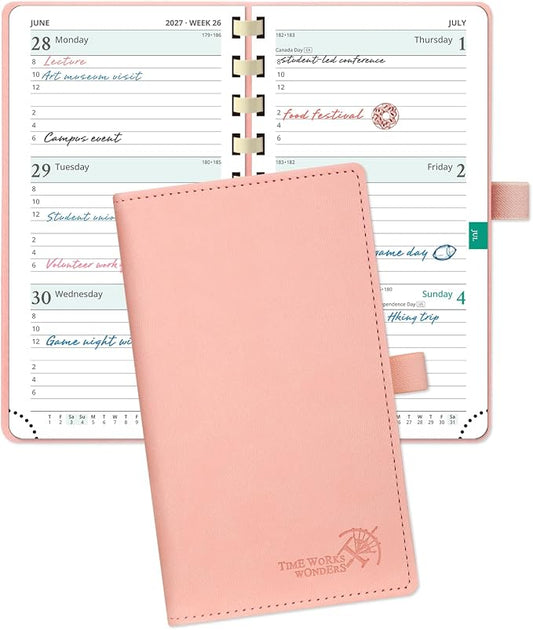 POPRUN 2027 Pocket Planner (Slim 3.5'' x 6.5'') Weekly and Monthly Calendar | 2027 Pocket Calendar(Jan - Dec) Appointment Book with Hourly Time Slots, Monthly Tabs, Spiral Leather Cover - Pink
