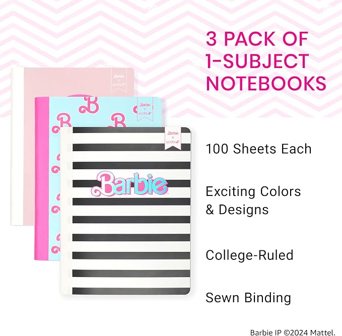 Yoobi Barbie X College Ruled Composition Notebook Set – 3-Pack of Kids 1 Subject Notebooks, Allover Print Designs – 100 Sheets Each, For School, Office & Home – 9.75” x 7.5”