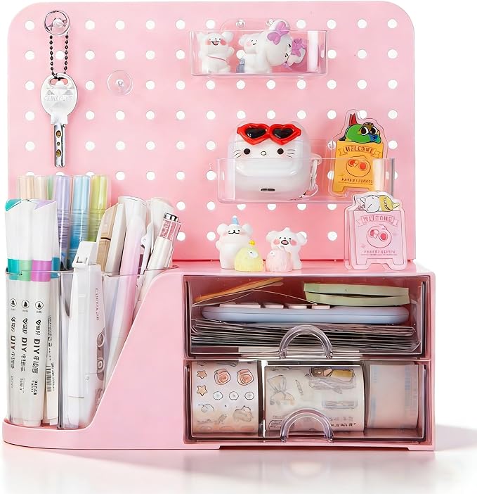 Comix Desk Organizer with Drawer, 360° Rotating Pen Holder for Desk, Pen Organizer with 5 Slots Pencil Holder+Pegboard+2 Drawer for Office Home Art Supplies (Pink)
