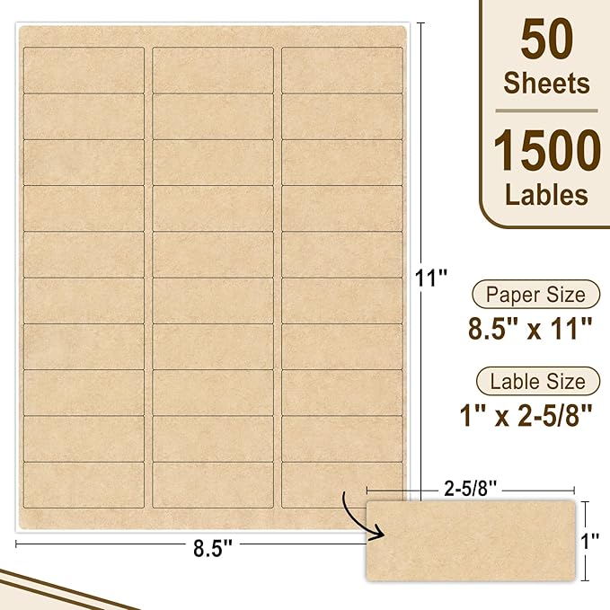 NATURALABEL 50 Sheets Printable Kraft Address Labels for Laser & Inkjet Printers, 1" x 2-5/8" - 30 per Page, Self-Adhesive Mailing Labels, Matte