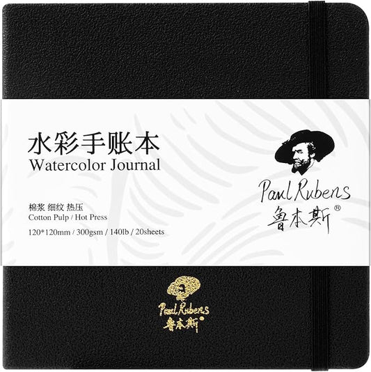 Paul Rubens Square Watercolor Journal, 100% Cotton Acid-Free Hot Press Watercolor Sketchbook 4.72 * 4.72 Inches, 140lb/300gsm,20 Sheets for Watercolors, Gouache, Acrylics