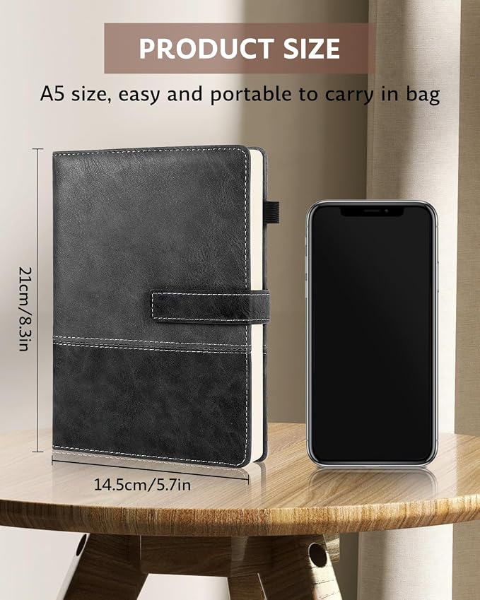 Leather Notebook Journal with Pen, A5 Lined Hardcover Notebook with Magnetic Closure, 240 Pages Daily Journal for Men Women, Ruled Journals Notebooks for Work, Writing, Note Taking - Black