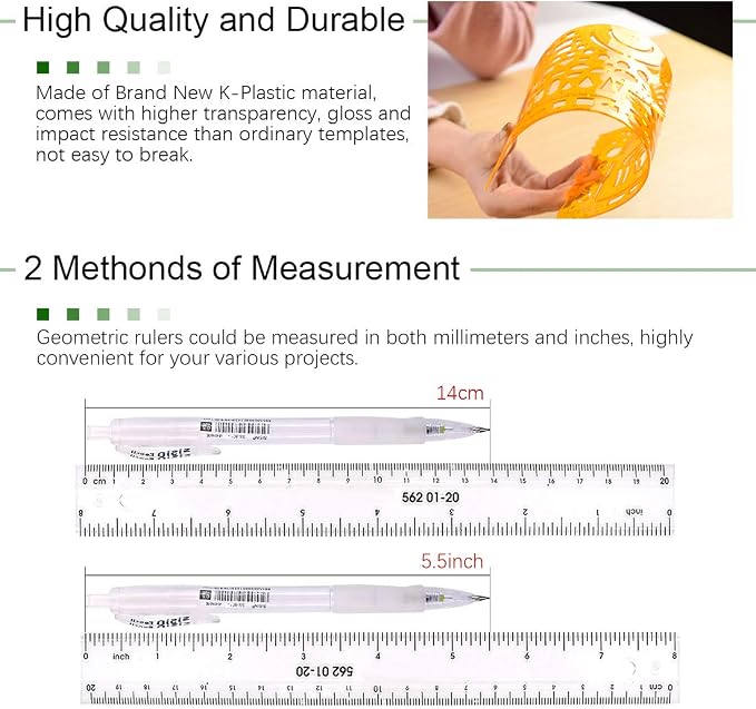 Keadic 12Pcs Geometric Drawings Templates, Geometry Ruler Plastic, Clear Shape Template Yellow Architect Scale Measuring Ruler Drafting Stencils Measuring Tools for Designing and Building