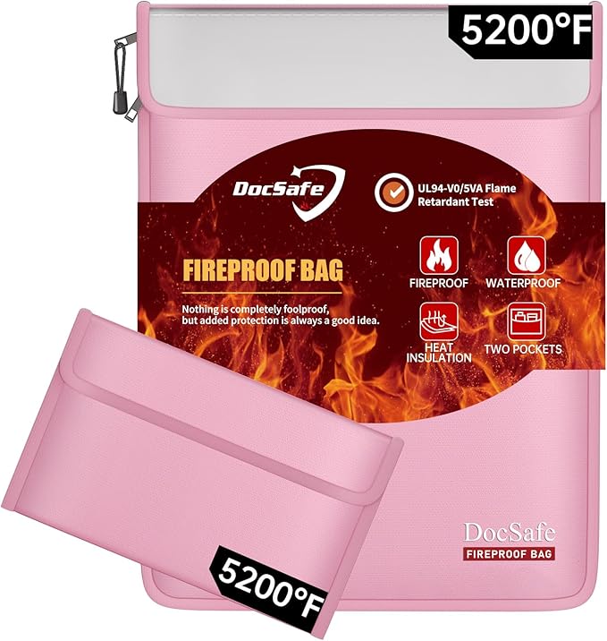 DocSafe Fireproof Document Bag (5200℉) with Fireproof Organizer Travel Case,Heat Insulated Fire＆Water Resistant 8 Layers Safe Money Bag Storage for Important Documents,Cash,Power Bank,Valuables,Pink