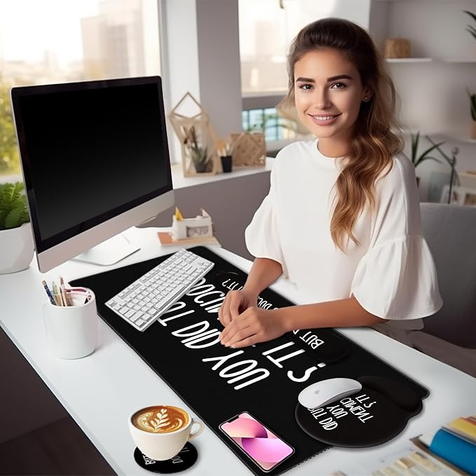 LIMKRIAN Black Mouse Pad Large Desk Mat Set, But Did You Document It Decor | Ergonomic Gel Wrist Rest, Computer Keyboard Mat, Memory Foam Wrist Support, Coaster, Office Desk Accessories Supplies Gifts