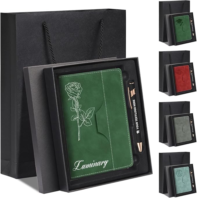 ENOMY Personalized A5 Notebook Writing Set Custom Notebook PU Leather Personalized Journal with Stylus Pen & Gift Box for College Holiday Travel Business Gift, Green