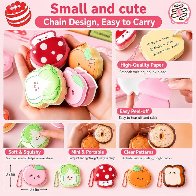 20 Pack Cute Sticky Notes with Chain, Squishy Mini Memo Pads, 20 Styles | 20 Cute Squishy Memo Pads in 5 Fun Series, Pocket-Size Sticky Notes for Planners, Journaling, Rewards, Party Favors and Gifts