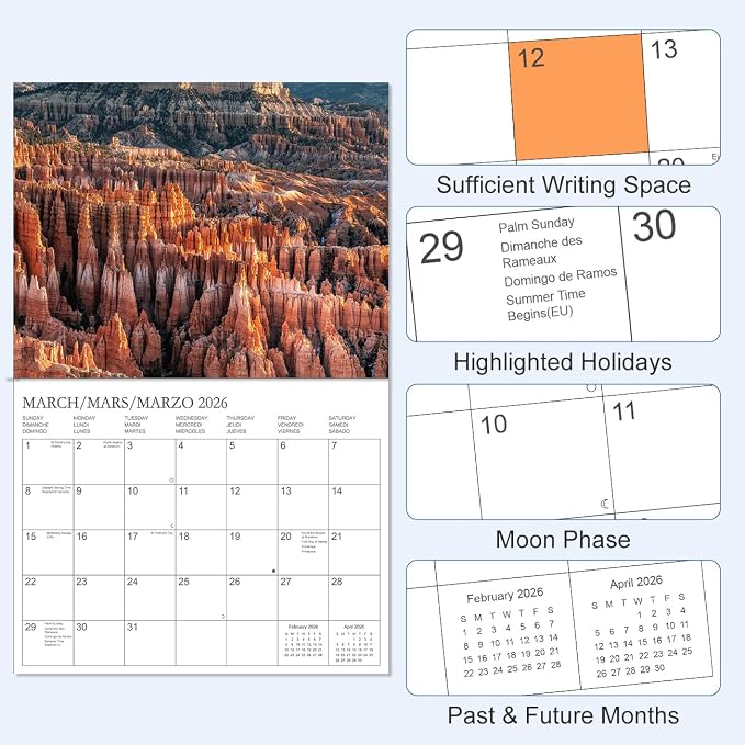 Calendar 2026 - Wall Calendar from January 2026 to December 2026, 3 Languages(English,French,Spanish), 2026 Wall Calendar with Holiday Marked, Premium Paper for Organizing, 8.5" x 11",National Park - B