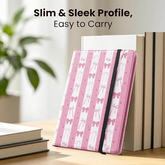 MoKo for Universal 11 inch Android Tablet Case with Pen Holder, Pink Bow | Fits All 9.6-11 inch Tablets, Slim 360 Degree Rotating Cover, Multi-Angle Stand, Front Pocket, No fit iPad/NO back opening