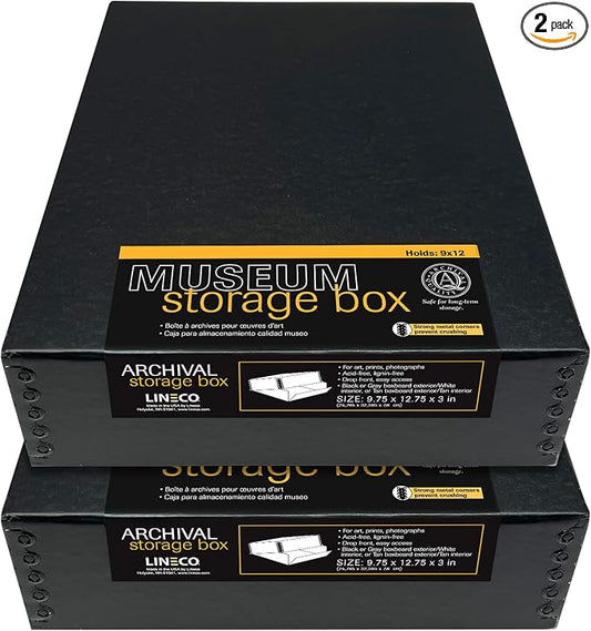 Lineco Drop Front Archival Storage Box, 9.75x12.75x3 in, Black, 2 Pack | Acid-Free with Metal Edge, Preserves Picture Longevity, Organize Photos, Newspapers, Prints, Documents, Crafts, DIY