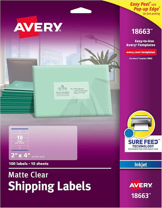 AVERY Shipping Labels, 2" x 4", Matte Clear | Printable | With Sure Feed | 100 Labels, Pack of 5