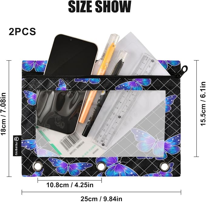 Gredecor 3 Ring Binder Pencil Pouch, Blue Purple Butterflies Zippered Pen Case Pouches with Clear Window, 2 Pack Stylish Office & School Supplie