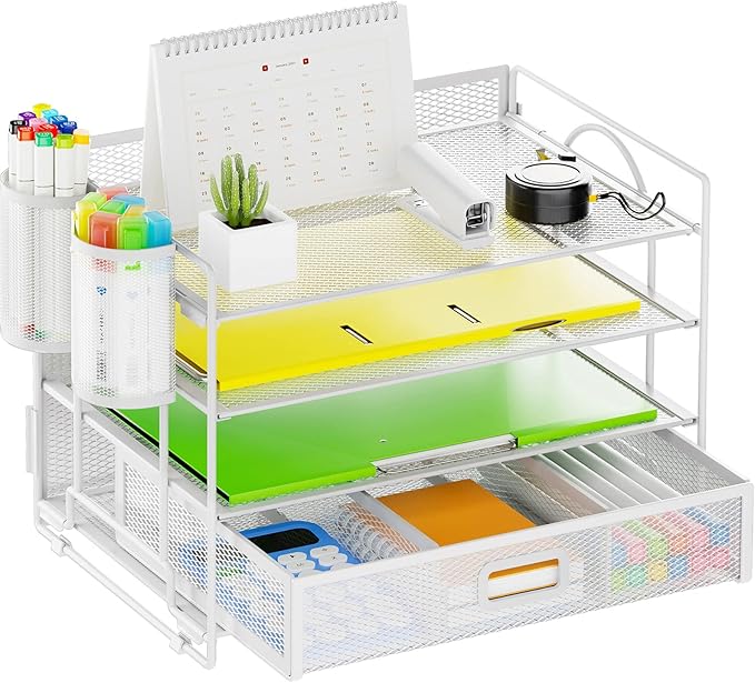 Marbrasse Desk Organizer and Accessories Polystyrene, 4-Tier Paper File Letter Tray Accessories & Workspace Desk Organizers with Drawer and 2 Pen Holders for School Home Office Supplies (White)