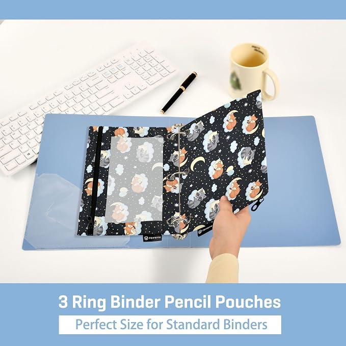 Emelivor Cute Fox Clouds Pencil Pouch for 3 Ring Binder 2 Pcs Binder Pouches with Zipper Pocket Pencil Case Bag with Clear Window for Storing College Office Supplies