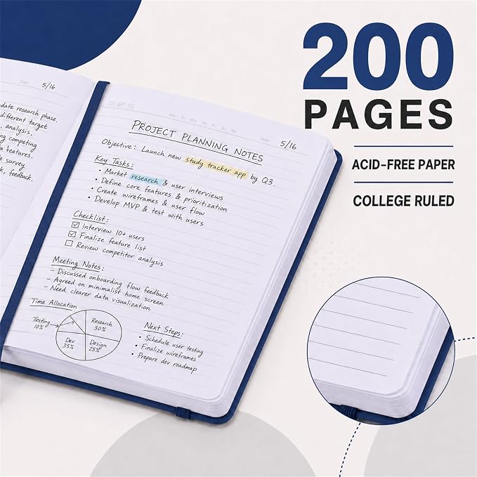 SUIN Hardcover-Journal-Notebooks, A5 Lined Journals Notebook for Writing 200 Pages, 8.2 x 5.5 inch, Classic Ruled Notebooks for Work/Travel/College (Navy Blue- 6 Pack)