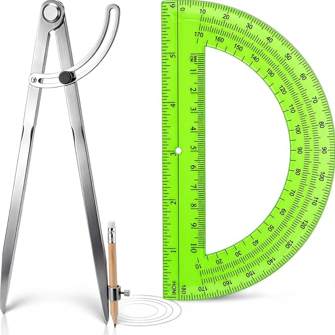 Zonon Professional 12 Inch Large Compass with Wing for Woodworking and 6 Inch Protractor Set, Pencil Compass for Geometry Math Carpenter, Drafting, Drawing Tool (Green)