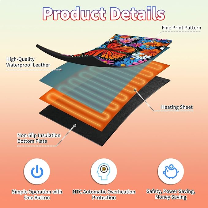 Heated Desk Pad Large Mouse Pad 23.6 x 14.1 inch with 3 Levels Heating & Auto Shut-Off Warm Mouse pad PU Leather Computer Mousepad for Home Office Work - Colorful Flowers and Butterflies