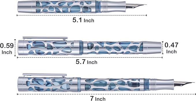 Asvine V169 Vacuum Filling Fountain Pen Extra Fine Nib, Water Drop Skeleton Gold Trim Transparent Gray Blue Acrylic Pen Case Set